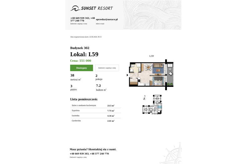 Apartament wakacyjny 38,00 m², piętro 3, oferta nr L 59