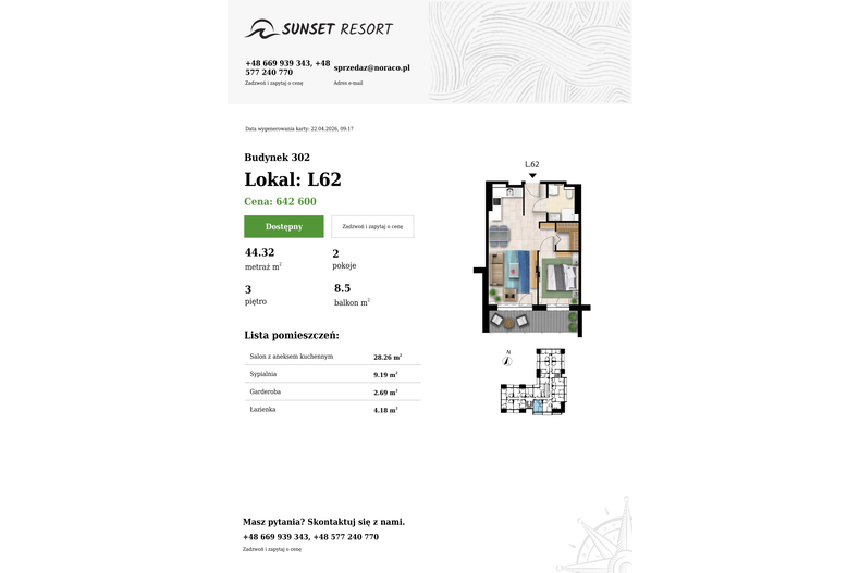 Apartament wakacyjny 44,32 m², piętro 3, oferta nr L 62