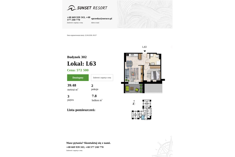 Apartament wakacyjny 39,48 m², piętro 3, oferta nr L 63