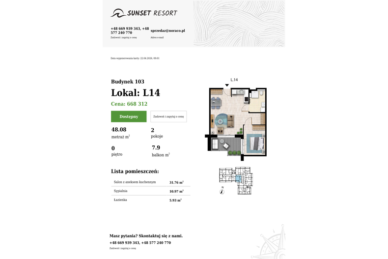 Apartament wakacyjny 48,08 m², parter, oferta nr 103-L14