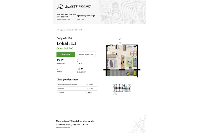 Apartament wakacyjny 43,17 m², parter, oferta nr 104-L1