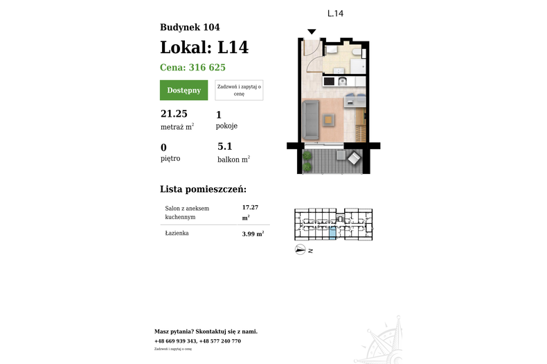 Apartament wakacyjny 21,25 m², parter, oferta nr 104-L14