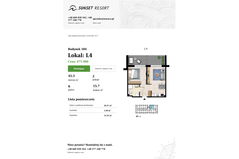 Apartament wakacyjny 45,30 m², parter, oferta nr 104-L4