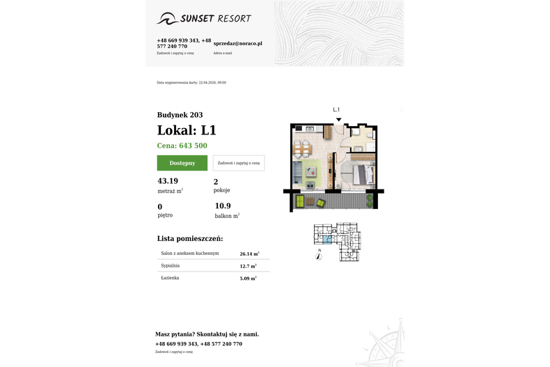 Apartament wakacyjny 43,19 m², parter, oferta nr 203-L1