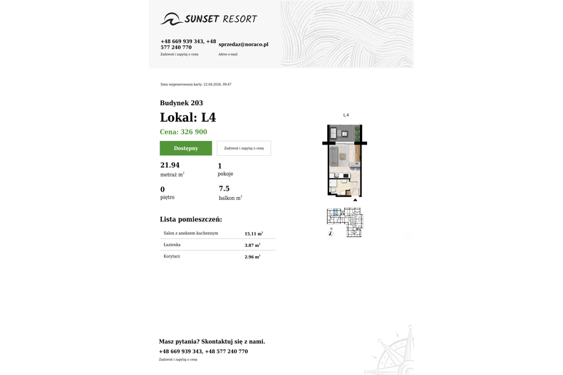 Apartament wakacyjny 21,94 m², parter, oferta nr 203-L4