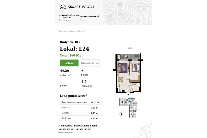 Apartament wakacyjny 44,29 m², piętro 1, oferta nr 303-L24
